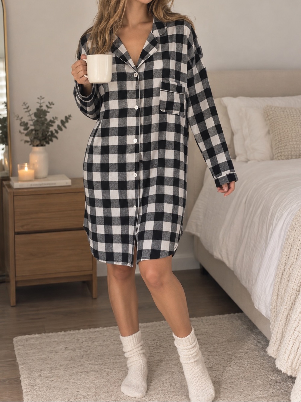 Stars Above Women’s Black & White Check Plaid Pajama Nightshirt Midi Dress Large